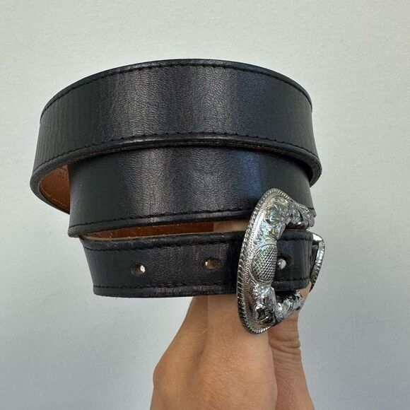 Nocona Vintage Black Leather Western Belt Silver Tone Hardware Buckle Size L - Picture 3 of 9